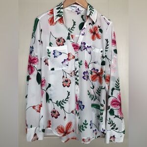 Express ‘Portofino’ Size Small White Floral Button Adjustable Long 3/4” Slv Top